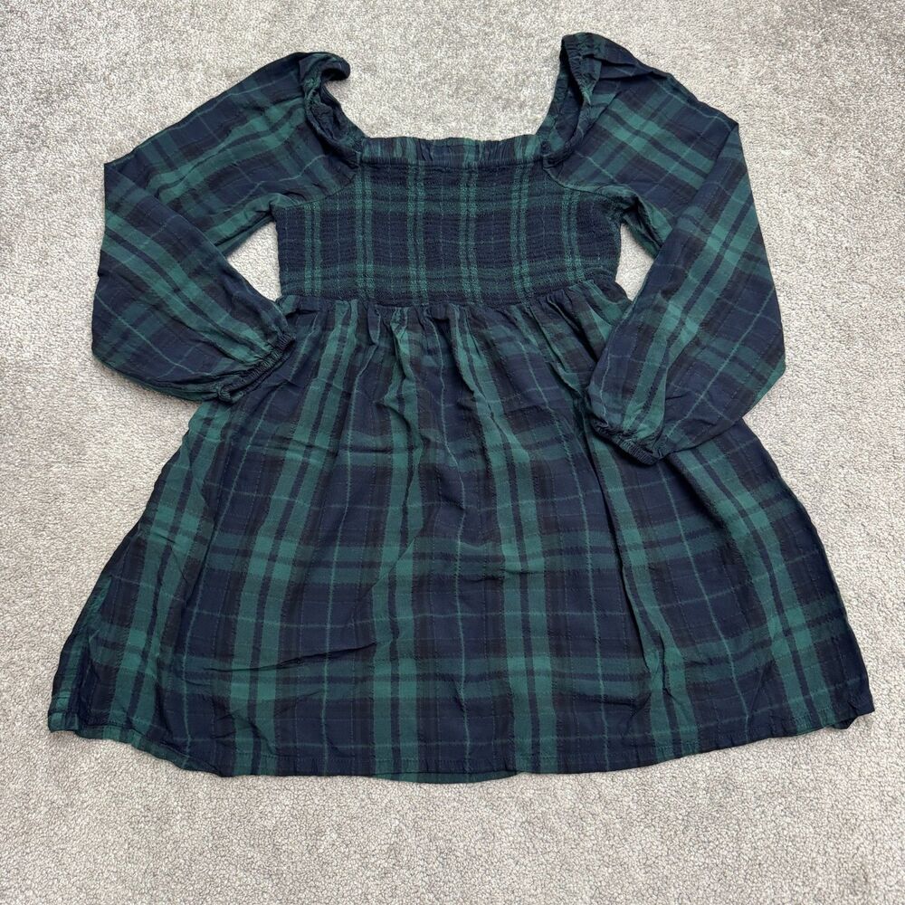 Old Navy Plaid Smocked Mini Dress Womens Medium Green Long Sleeve Square Neck